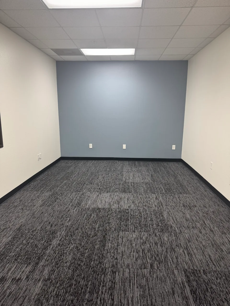 The empty future Artrovo Gundam space, with a gray accent wall, cream side walls and patterned gray carpet.